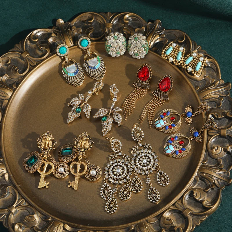 Vintage Green Crystal Key Drop Earrings with Pearl