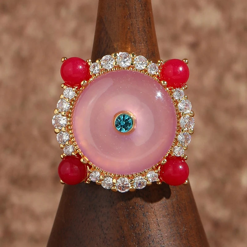 Vintage Rose Red Agate Pink Gold Plated Ring - Natural Stone & Knot Design