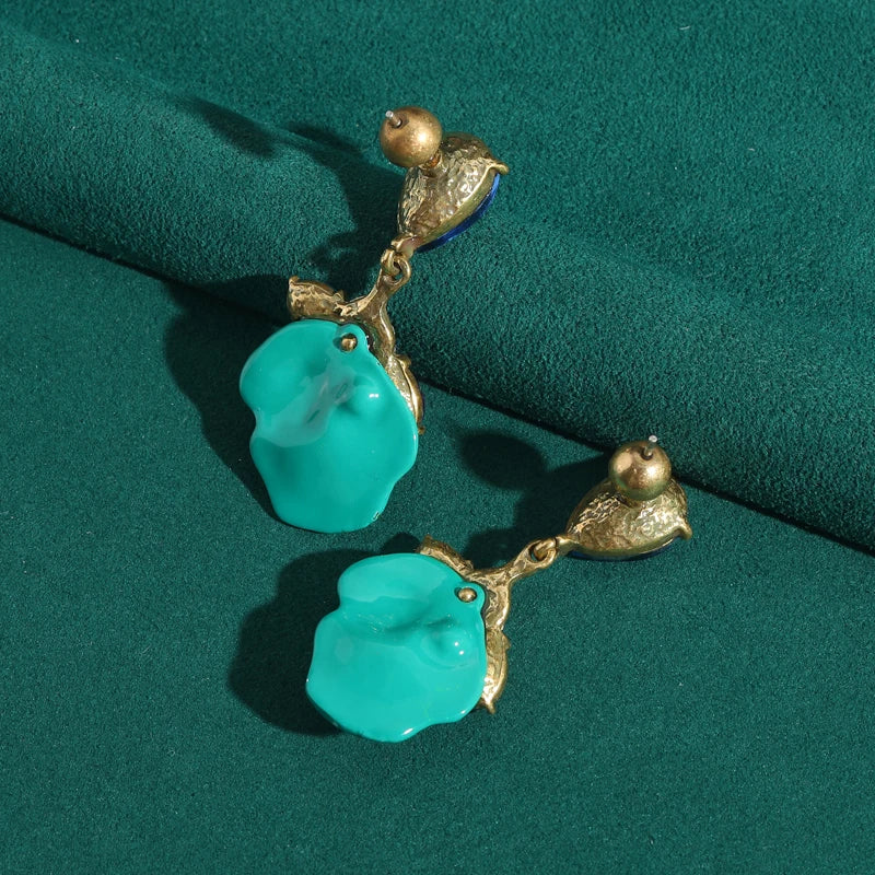 Art Deco Revival Blue Leaf Drop Earrings – Enamel &amp; Rhinestone Fan Statement Pair