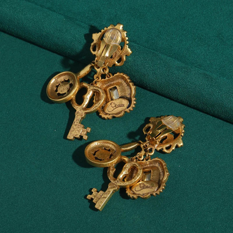 Vintage Green Crystal Key Drop Earrings with Pearl