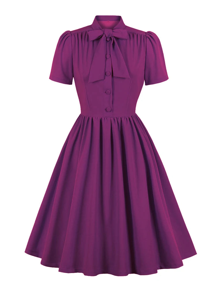 Vintage Inspired 1950s Bow Tie Neck Short Sleeve Swing Dress