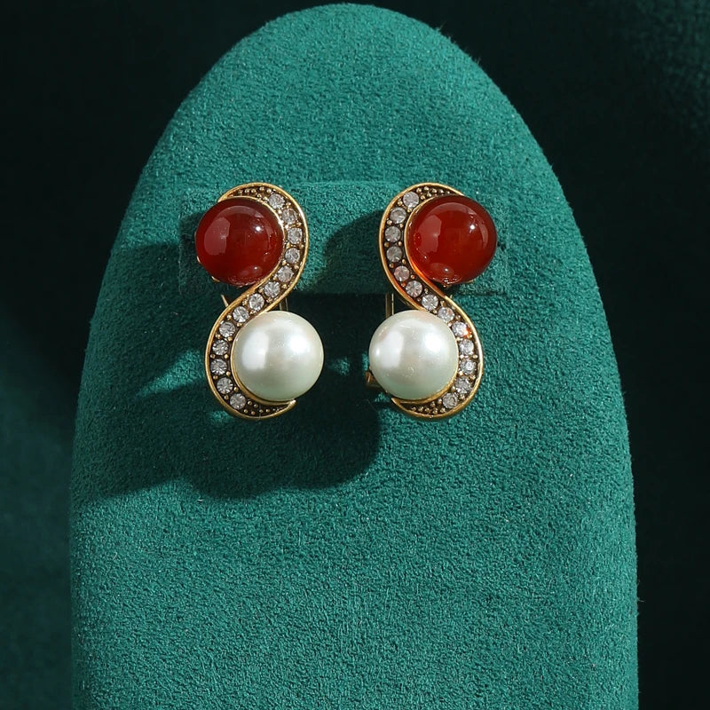 Vintage Red Agate & Pearl Earrings – 1950s Sculptural Cocktail Glam