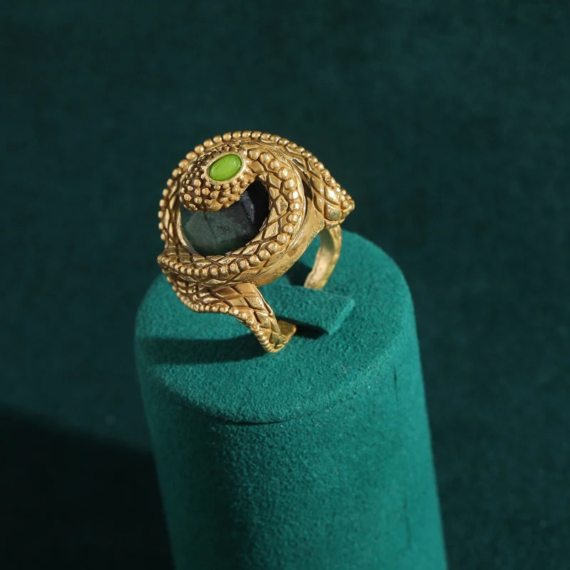 Vintage Big Gold Plated Snake Ring - Natural Stone Inlay
