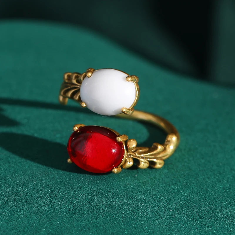 Retro Hollywood Red & White Opal Ring – Oval Double Stone Cocktail Statement