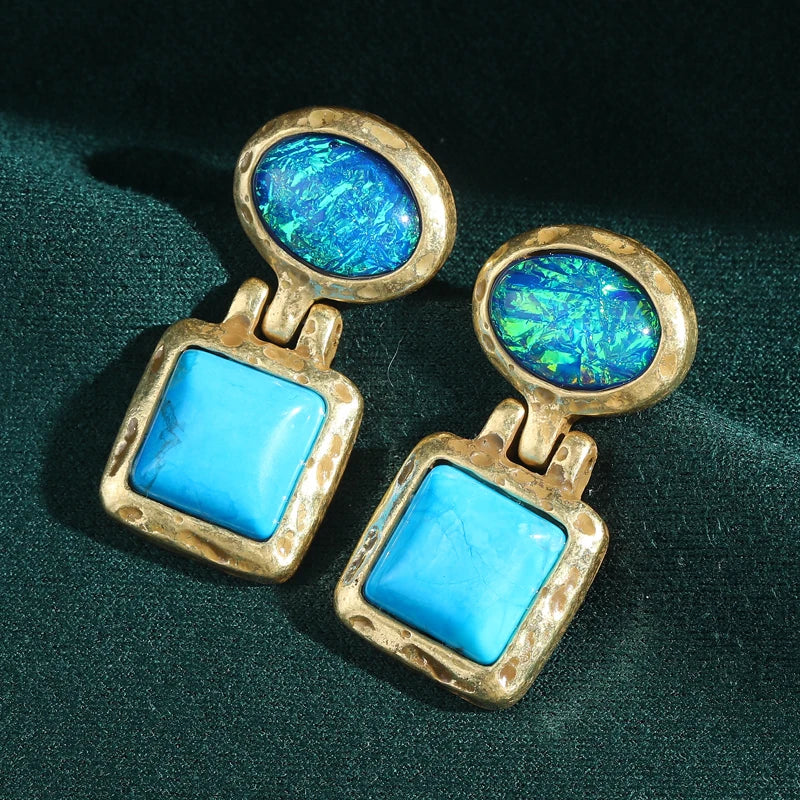 Vintage Opal & Turquoise Drop Earrings – Earthy Elegance