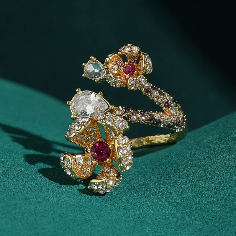 Vintage Natural Stone Double Big Flower Gold Plated Open Ring - Rhinestone Accents