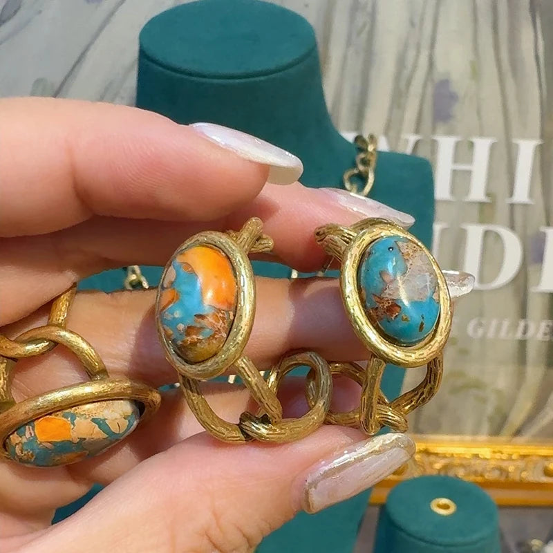 Boho Rococo Nautical Map Jewelry Set – Oval Stone Pendant, Earrings & Ring in Antique Copper