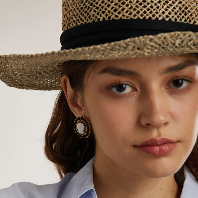Victorian Black & White Cameo Earrings – Ornate Rhinestone Clip-Ons