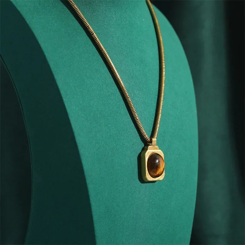 Vintage Square Tiger Eye Pendant Necklace
