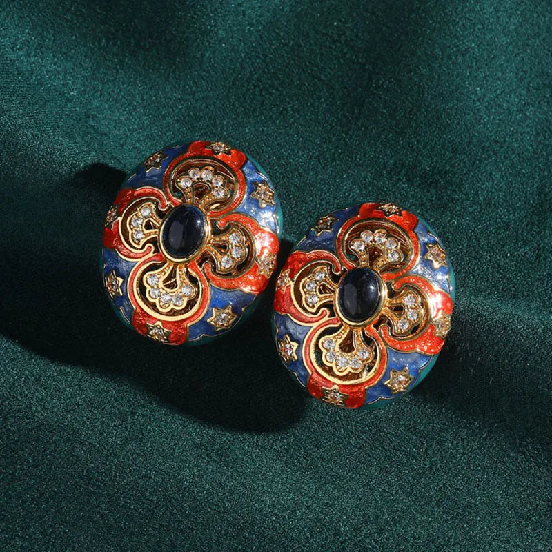 Art Deco Oval Enamel Earrings – Carved Floral Studs with Blue Glaze