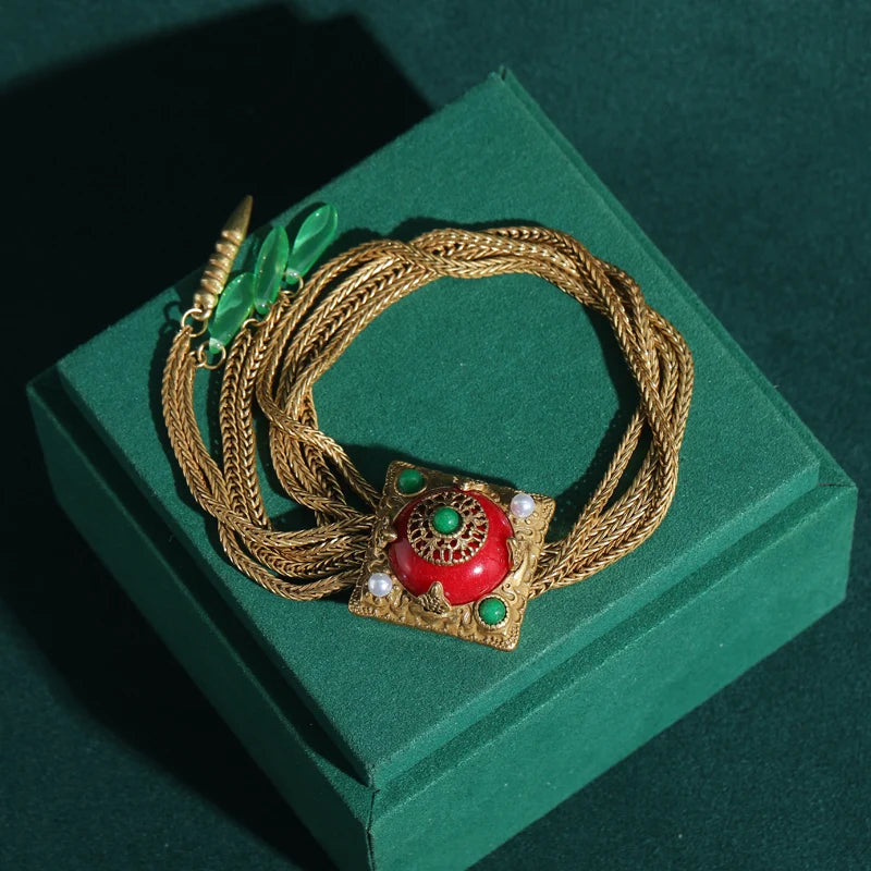 Vintage Snake Chain Charm Bracelet – 1950s Regal Red Glaze & Green Stone Drop