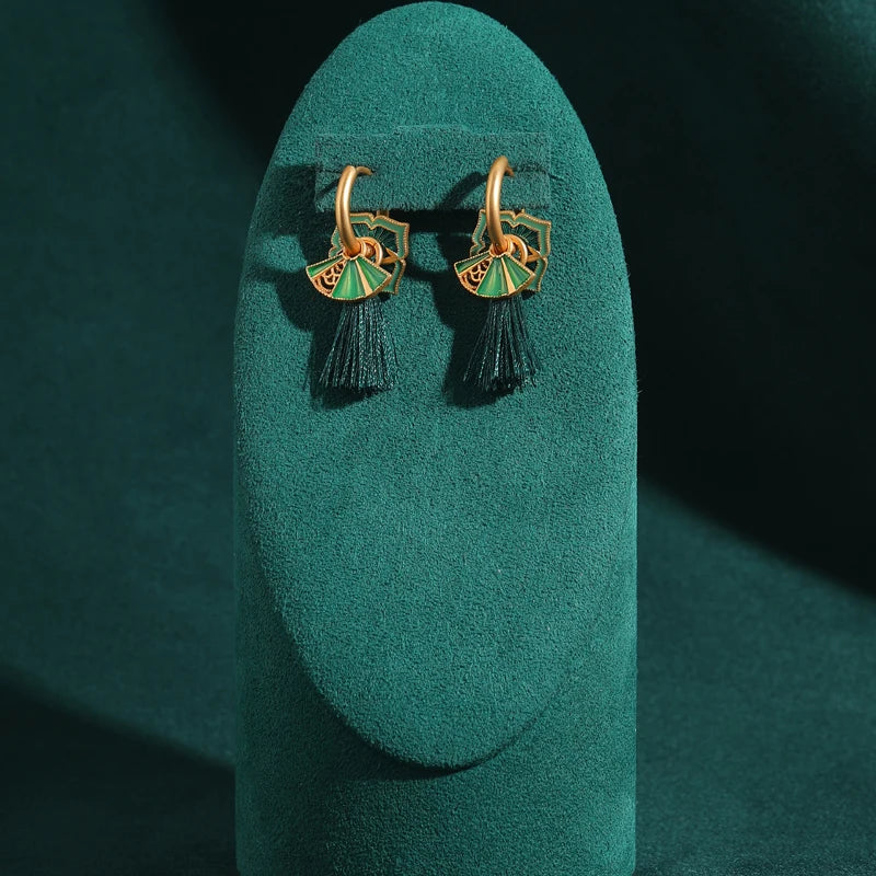 Green Enamel Tassel Hoop Earrings – Retro Boho Revival
