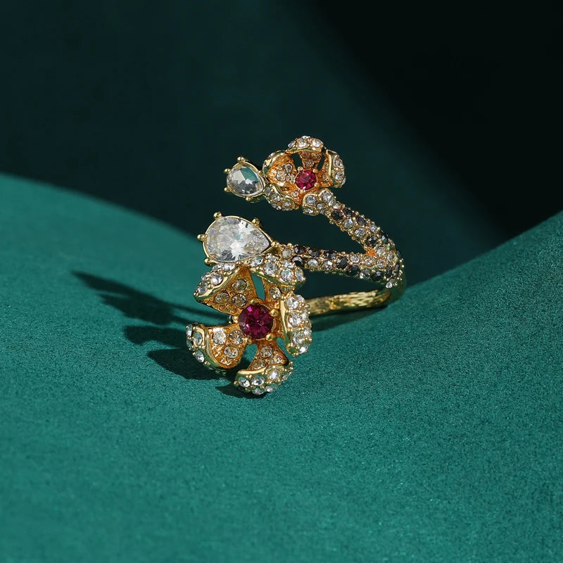 Vintage Natural Stone Double Big Flower Gold Plated Open Ring - Rhinestone Accents