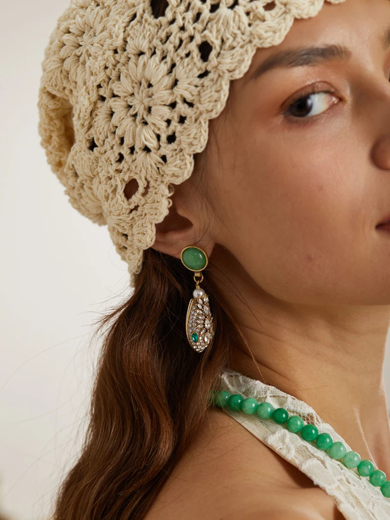 Vintage Snake Head Earrings – Green Crystal Drop