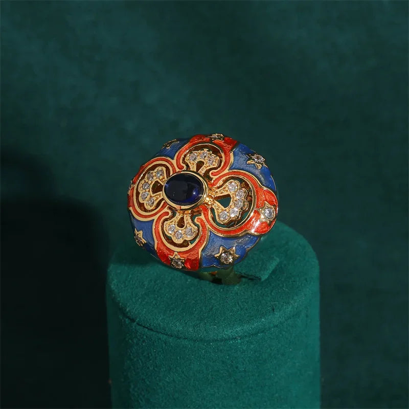 Retro Enamel Floral Ring – Vintage-Inspired European Elegance