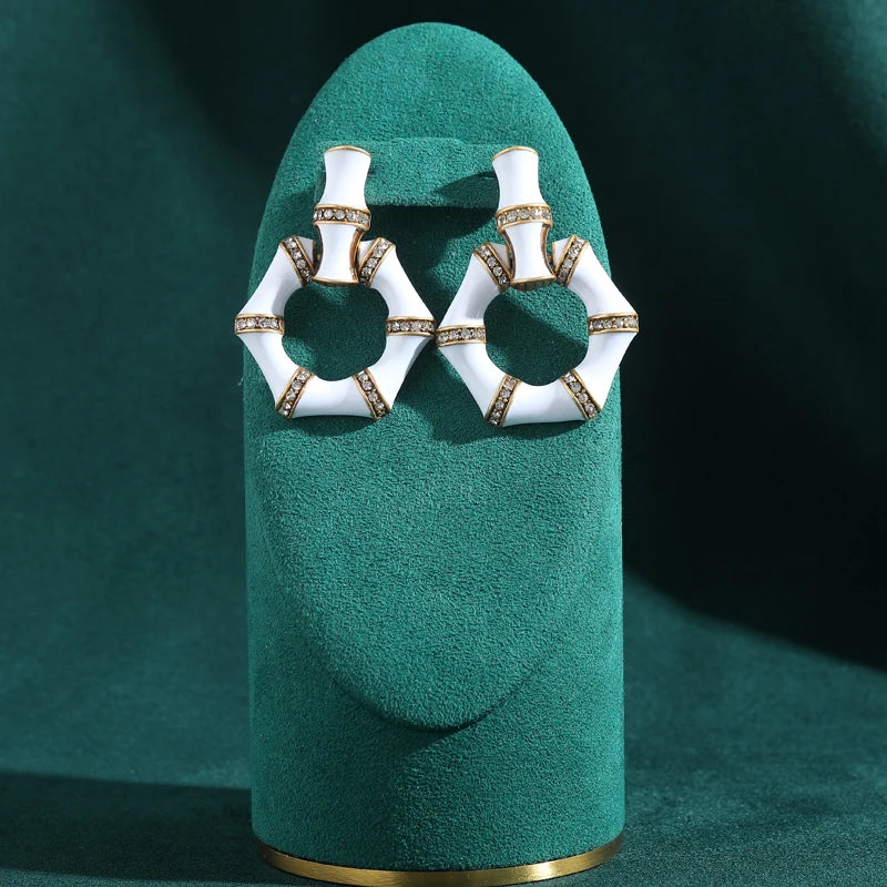 Vintage White Enamel Bamboo Hoop Gold Plated Earrings - Natural Stone Inlay
