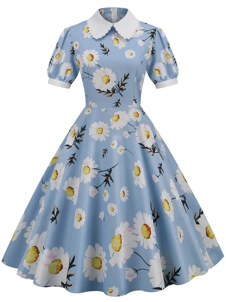 Vintage Daisy Print Peter Pan Collar Dress