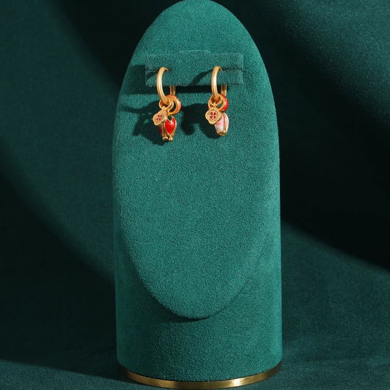 Vintage Gold & Enamel Tulip Drop Hoop Earrings - Natural Stone Accents