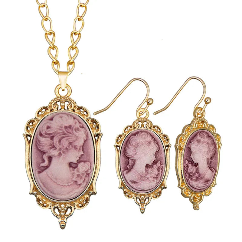 Lady Queen Cameo Jewelry Set – Necklace & Earrings (1890s Inspired)