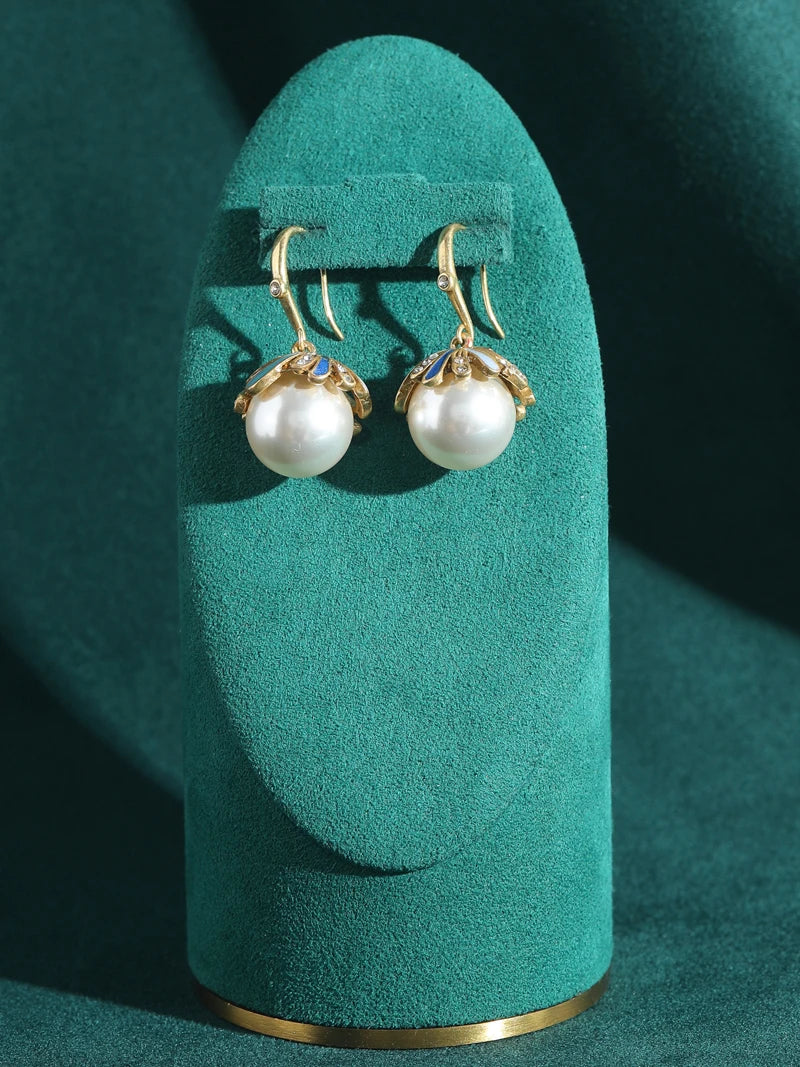 Retro Hollywood Pearl Drop Earrings – Rhinestone & Enamel Hook Pair