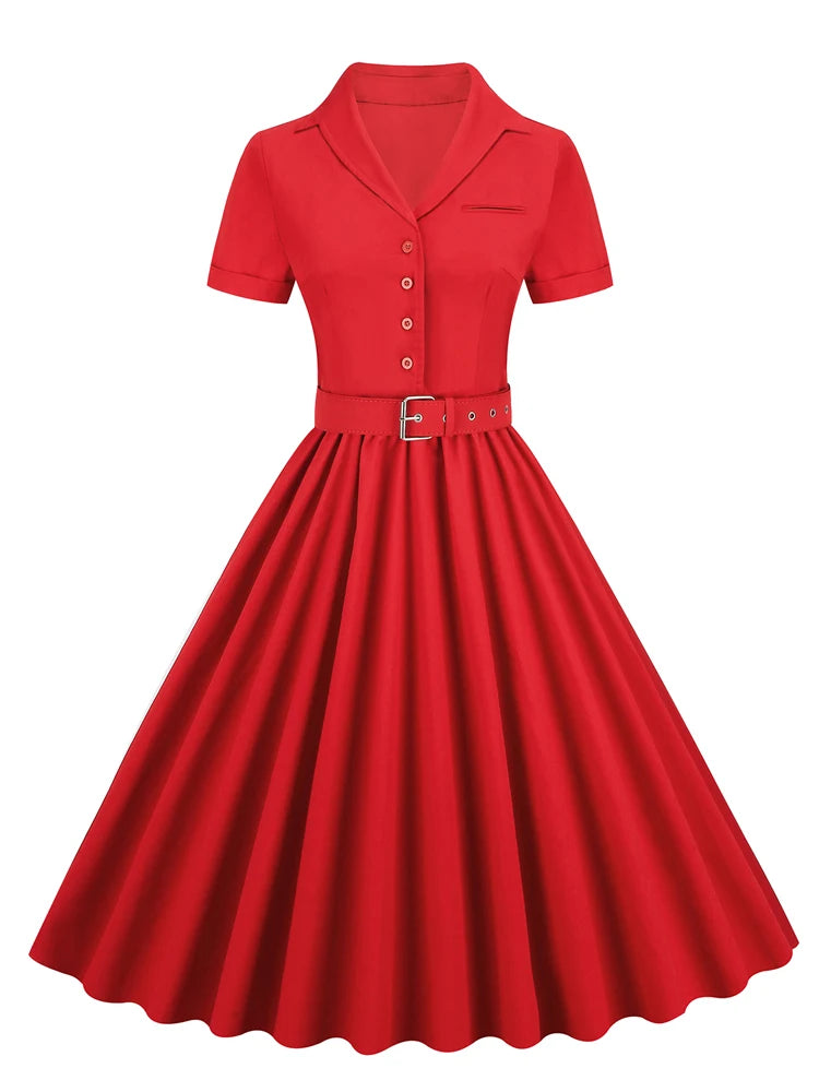 Classic 1950s Vintage Shirtwaist Swing Dress with Belt - Retro Button-Up Midi