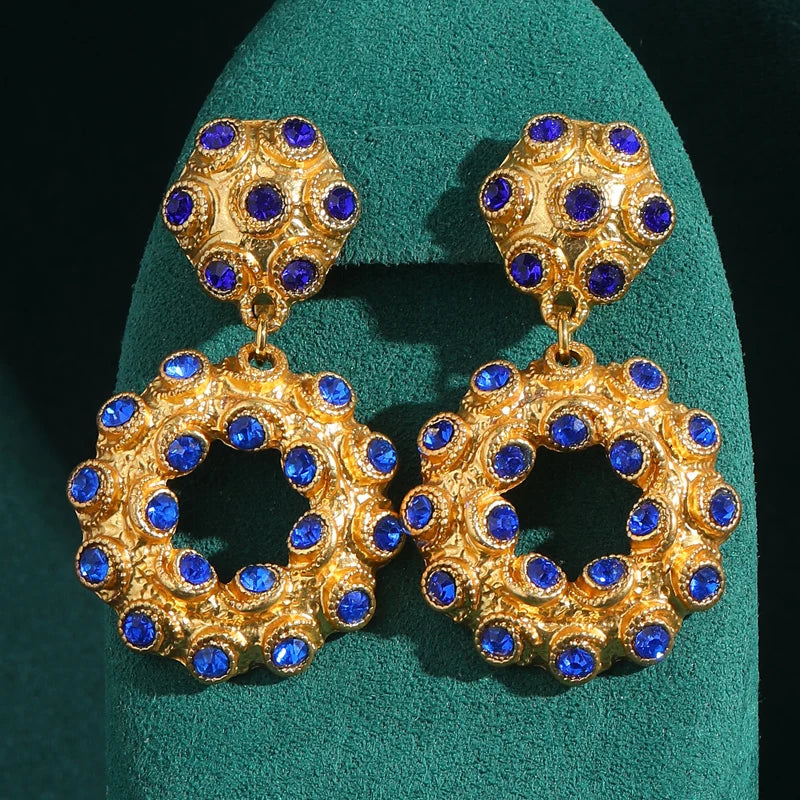 80s Power Glam Blue Crystal Circle Drop Earrings – Oversized Clip-On Statement Pair