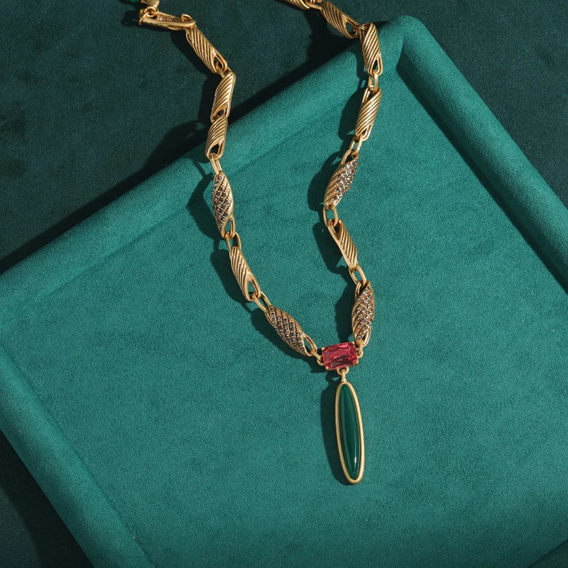 Vintage Green Willow Leaf Pendant Necklace with Crystal Accent