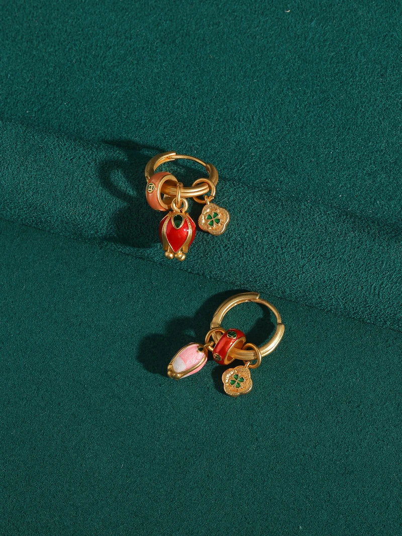 Vintage Gold & Enamel Tulip Drop Hoop Earrings - Natural Stone Accents