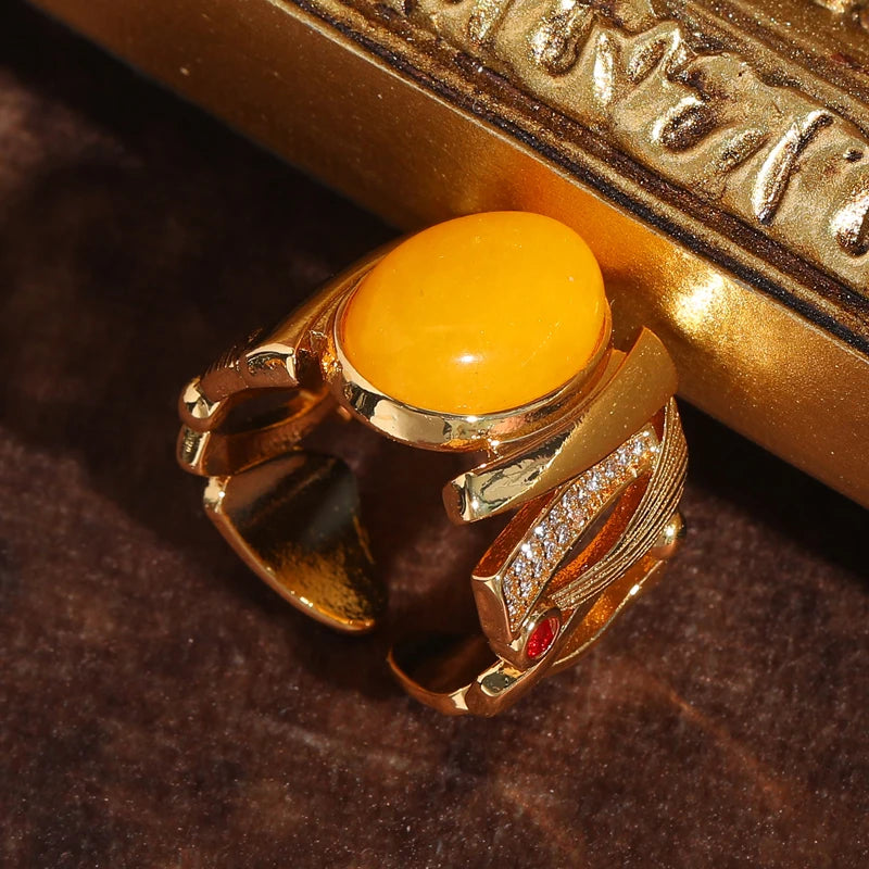 Art Deco Amber Teardrop Ring – 18K Gold-Plated