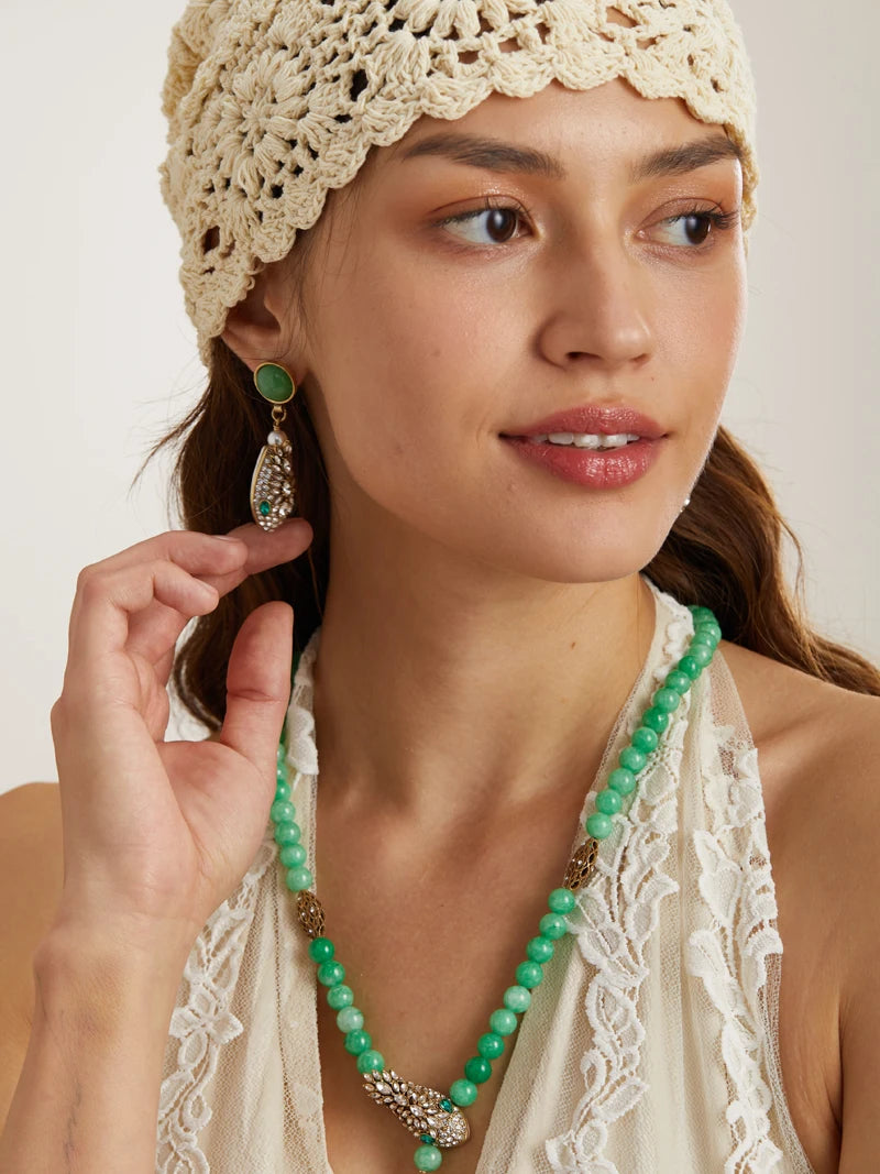 Vintage Snake Head Earrings – Green Crystal Drop