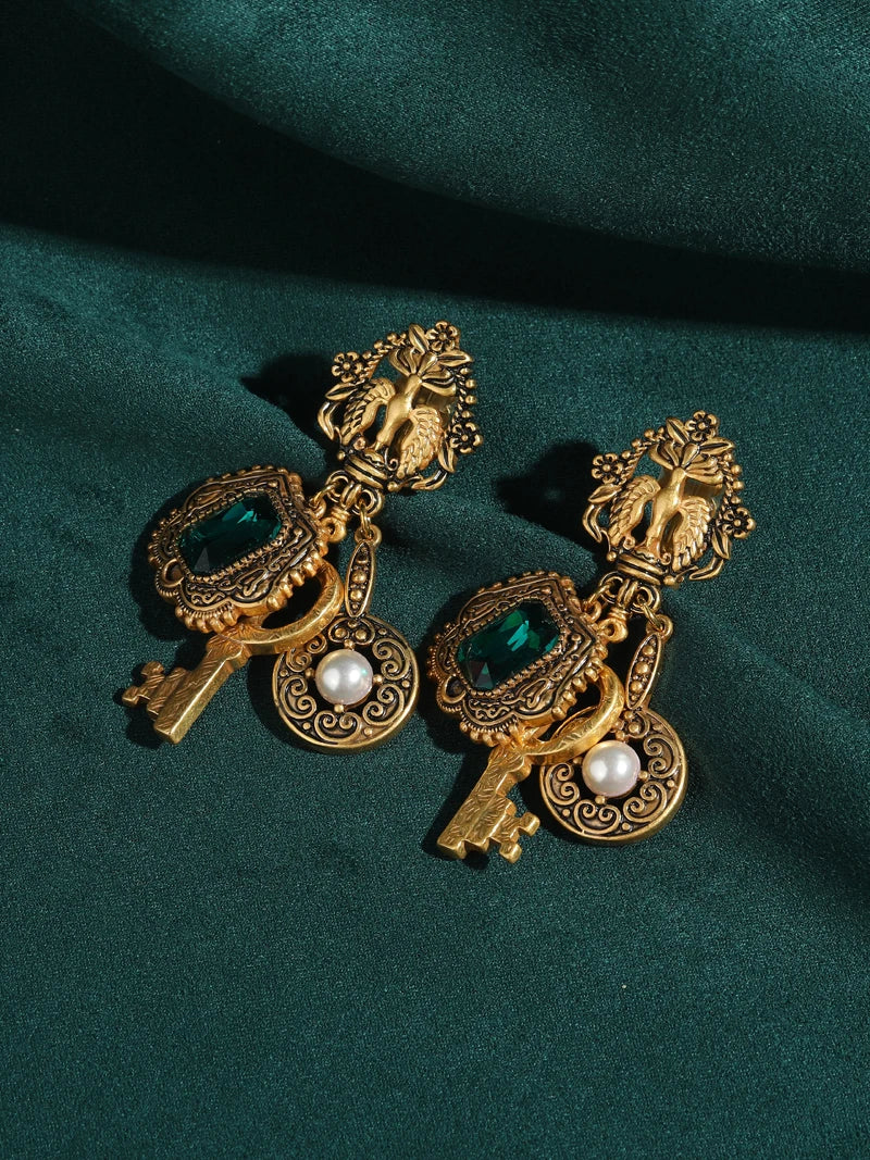Vintage Green Crystal Key Drop Earrings with Pearl