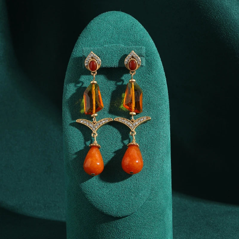 Vintage Autumn Glow Drop Earrings: Orange Glass & Citrine with Rhinestone Accents