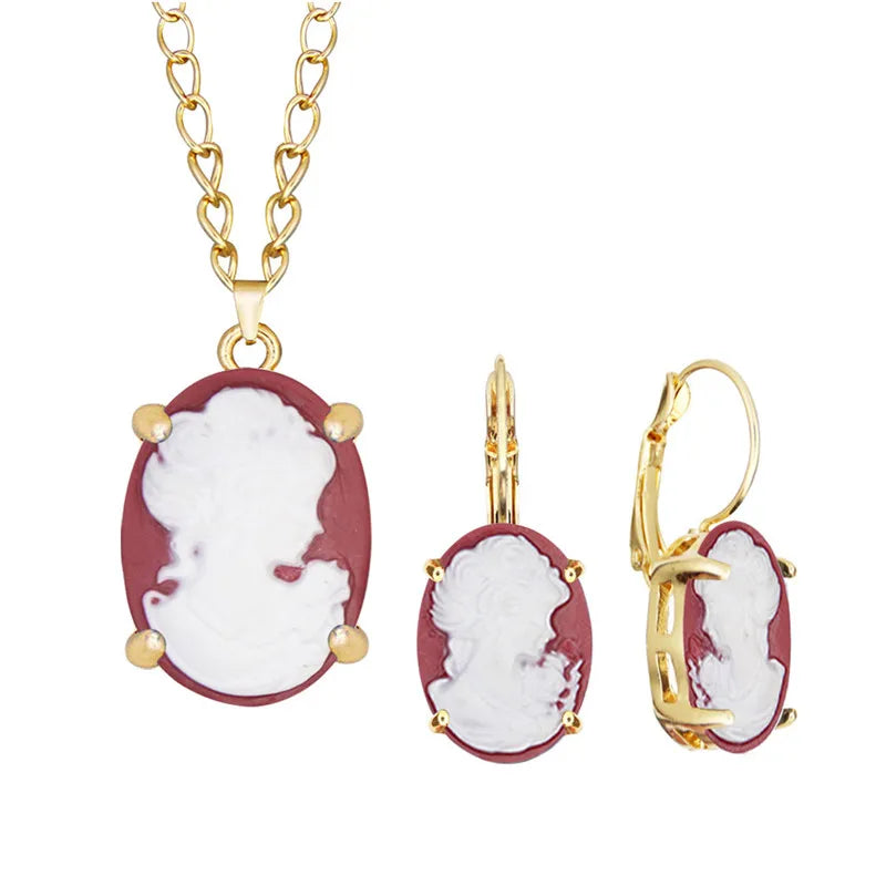 Lady Queen Cameo Jewelry Set – Necklace &amp; Earrings (1890s Inspired)