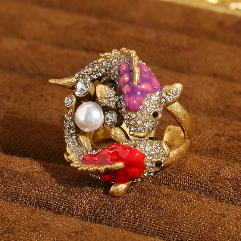 Vintage Pisces Fish Pearl Ring – Celestial Drama & Oceanic Opulence