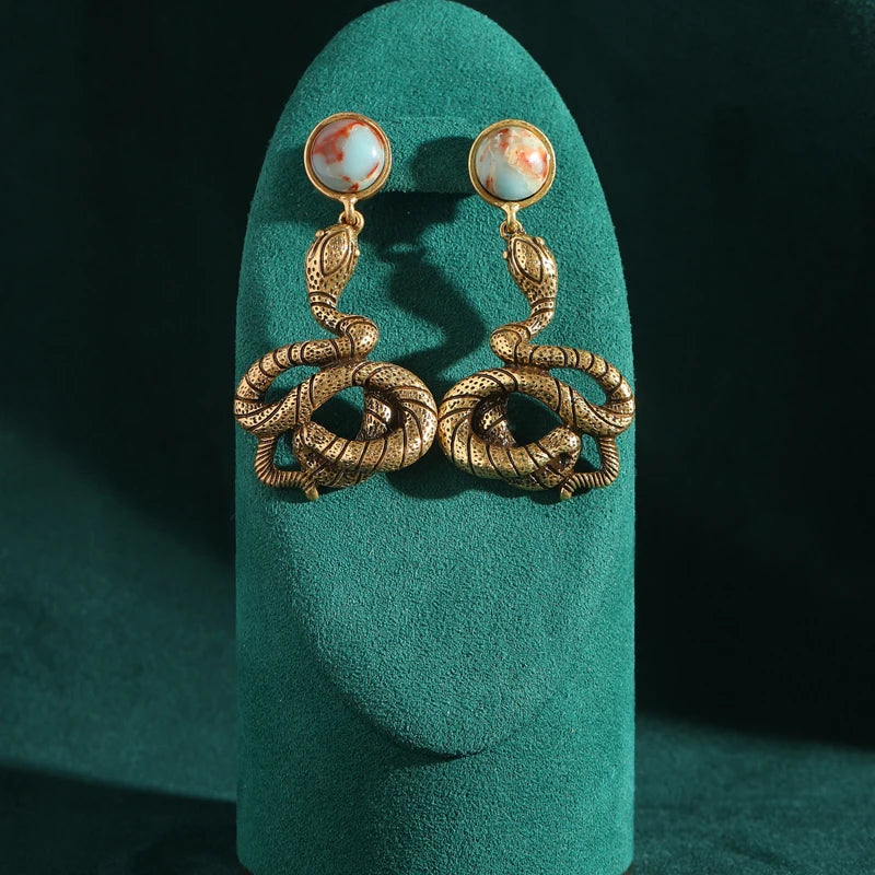 Victorian / Art Nouveau Serpent's Embrace Drop Earrings - Natural Stone & Antique Gold