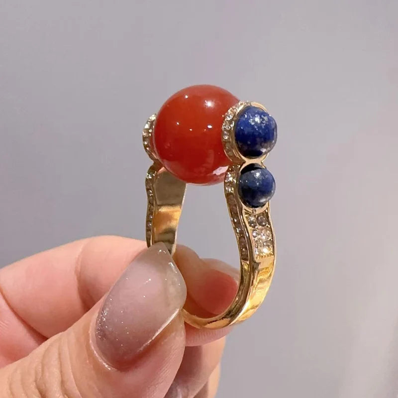 Vintage Carnelian & Lapis Orb Ring – 18K Gold-Plated