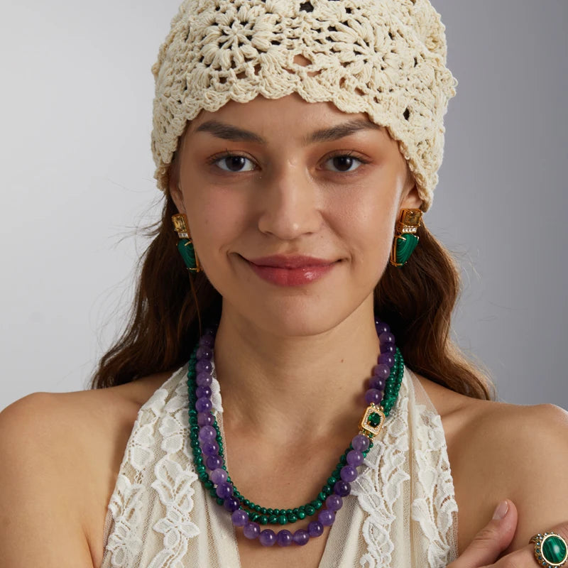 Vintage Green Malachite Beads Necklace – Layered Earth & Crystal Charm