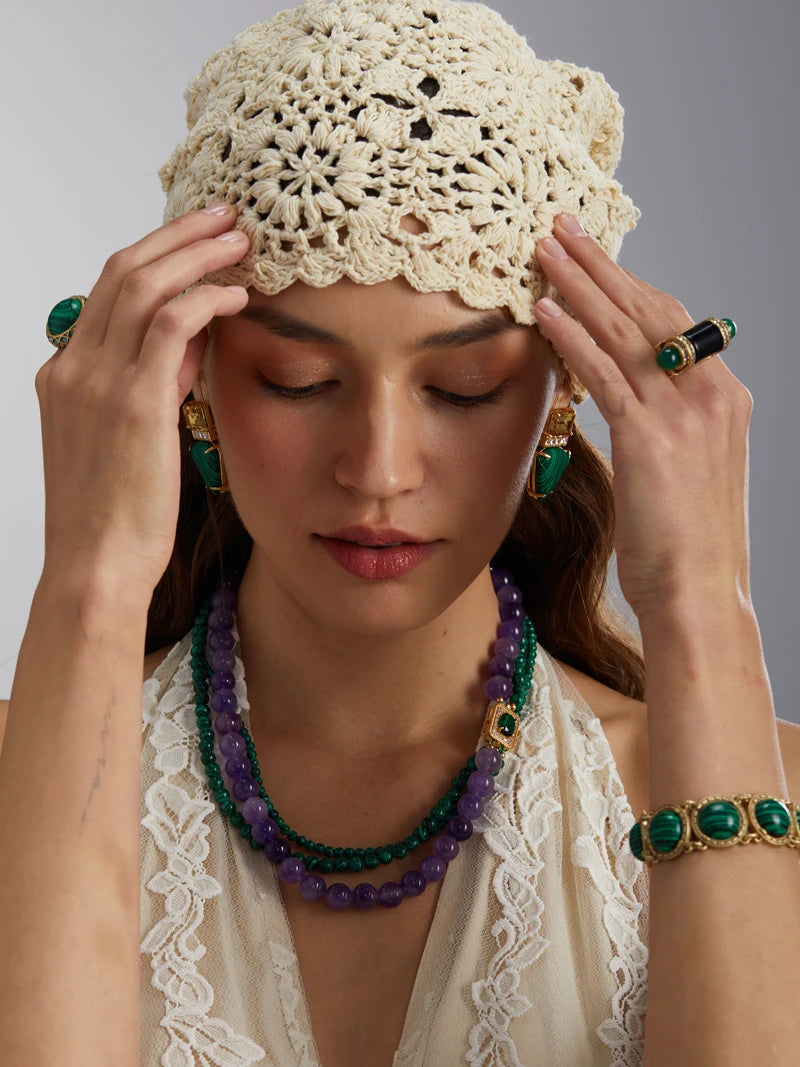 Vintage Green Malachite Beads Necklace – Layered Earth & Crystal Charm