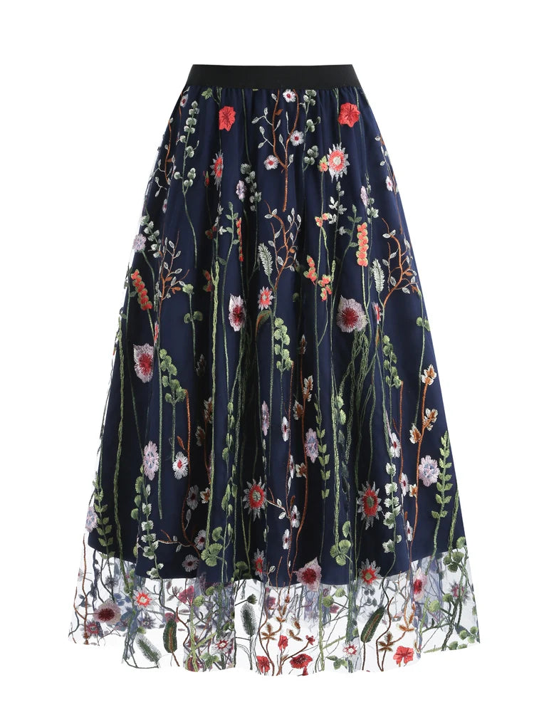 Enchanted Garden Embroidered Tulle Midi Skirt - Whimsical Floral Elegance