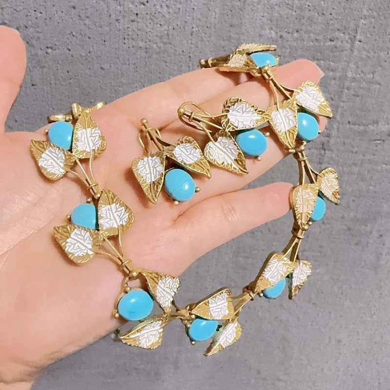 Vintage Turquoise Leaf Drop Earrings – Boho Bloom & Sea Stone Charm