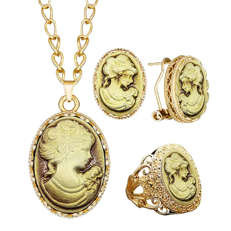 Lady Queen Cameo Jewelry Set (Necklace, Earrings & Ring)