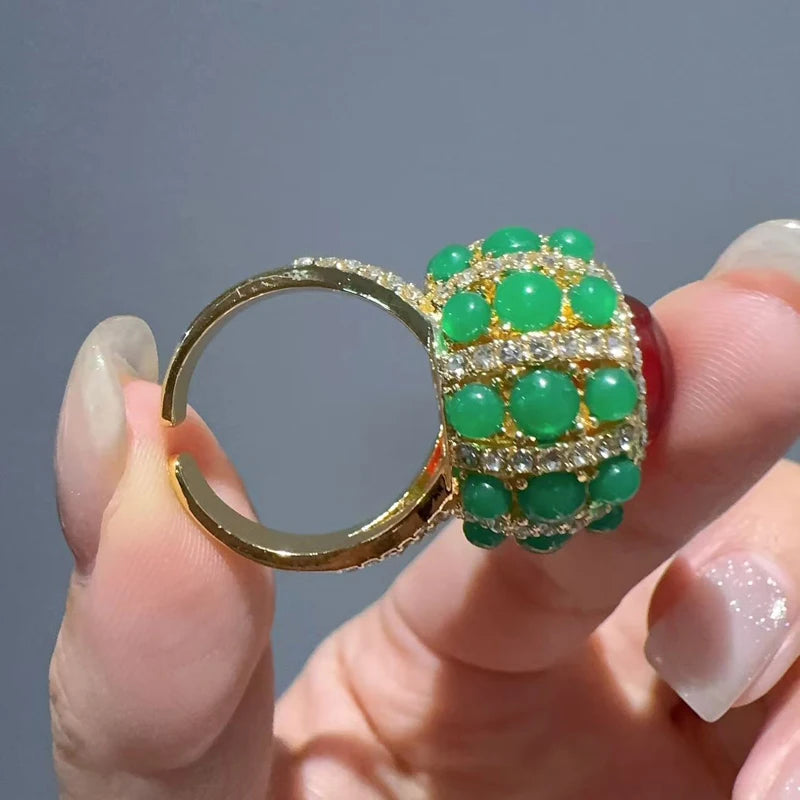 Vintage Red Agate & Green Glaze Gold-Plated Statement Ring – Adjustable