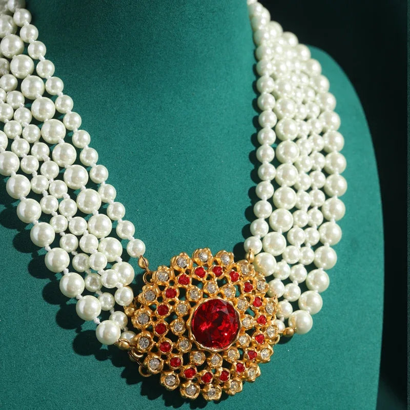 Vintage 5-Layered Crystal Sunflower Necklace with Red Glass Center