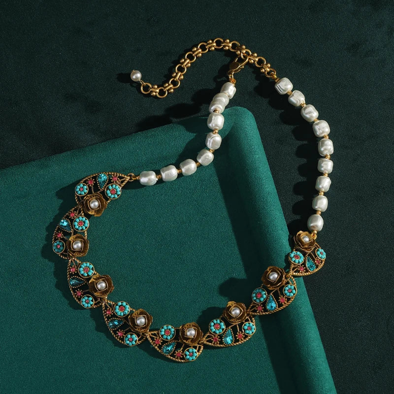 Vintage Freshwater Pearl Necklace with 3D Flower & Leaf Motif