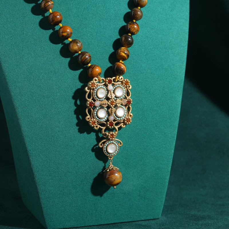 Vintage Tiger's Eye Beaded Necklace with Ornate Pendant