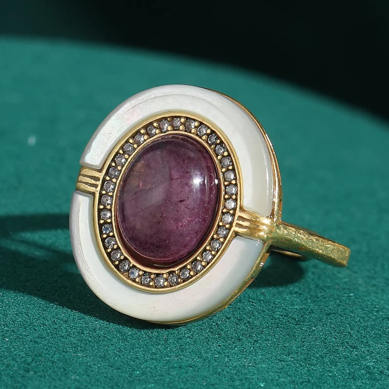 Art Deco Ruby & Enamel Halo Ring – 18K Gold-Plated Copper
