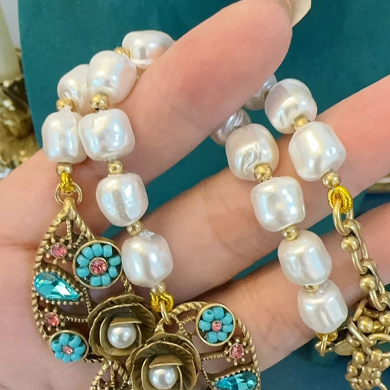 Vintage Freshwater Pearl Necklace with 3D Flower & Leaf Motif