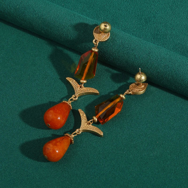Vintage Autumn Glow Drop Earrings: Orange Glass & Citrine with Rhinestone Accents