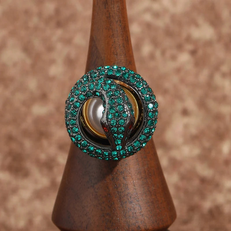 Vintage Green Rhinestone Snake Gold Plated Ring - Natural Stone Inlay