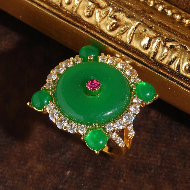 Vintage Jadeite Disc Gold-Plated Statement Ring – Adjustable